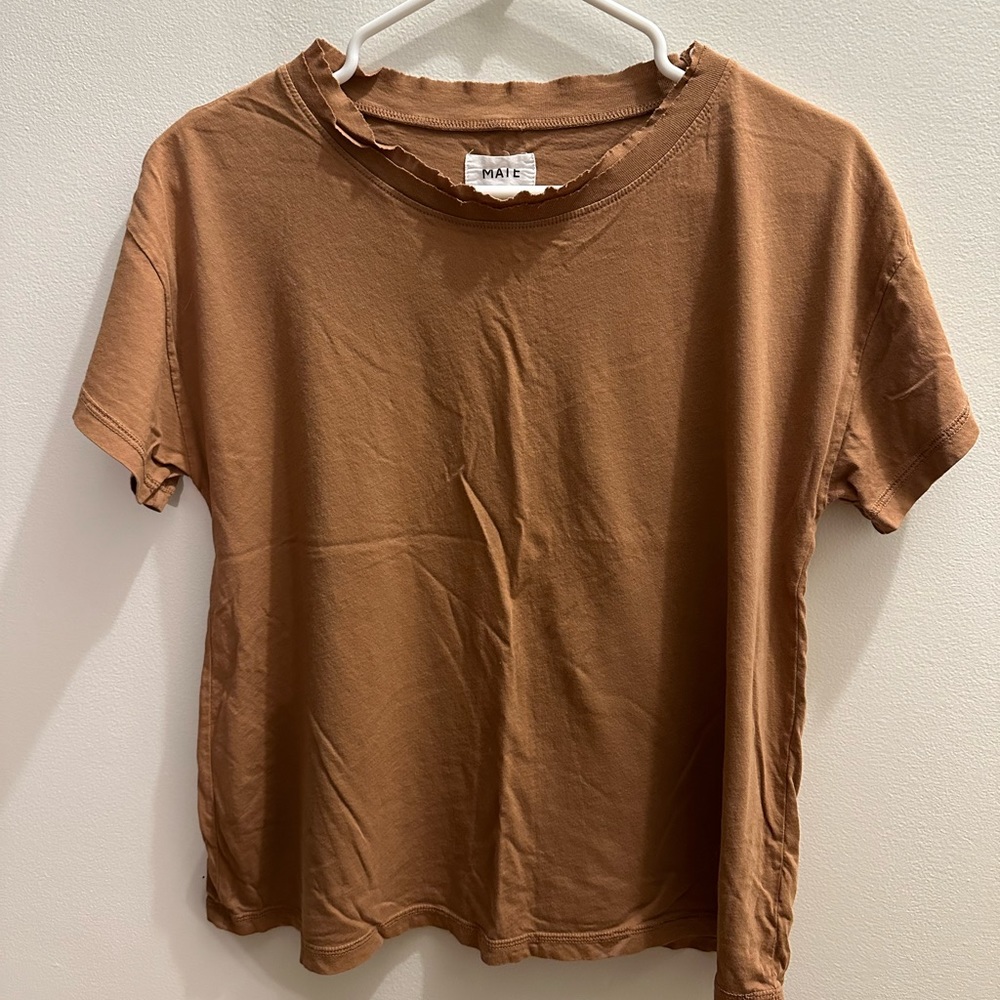 Mate The Label Organic Cotton Raw Neck Tee Shirt in Brown